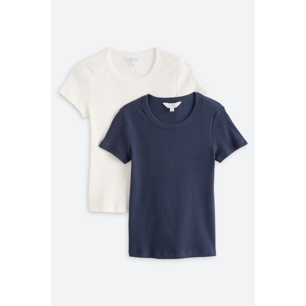 Market & Spruce Womens Ribbed Crewneck T-Shirt 2 Pack Navy Blue Cream